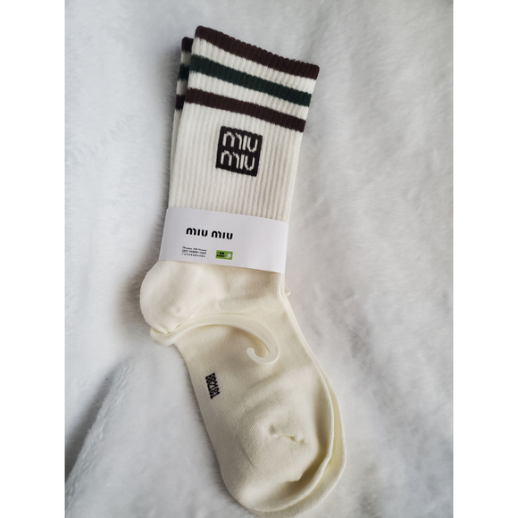 Miu Miu Crew Brown And Green Strip White Socks - Picture 2 of 4